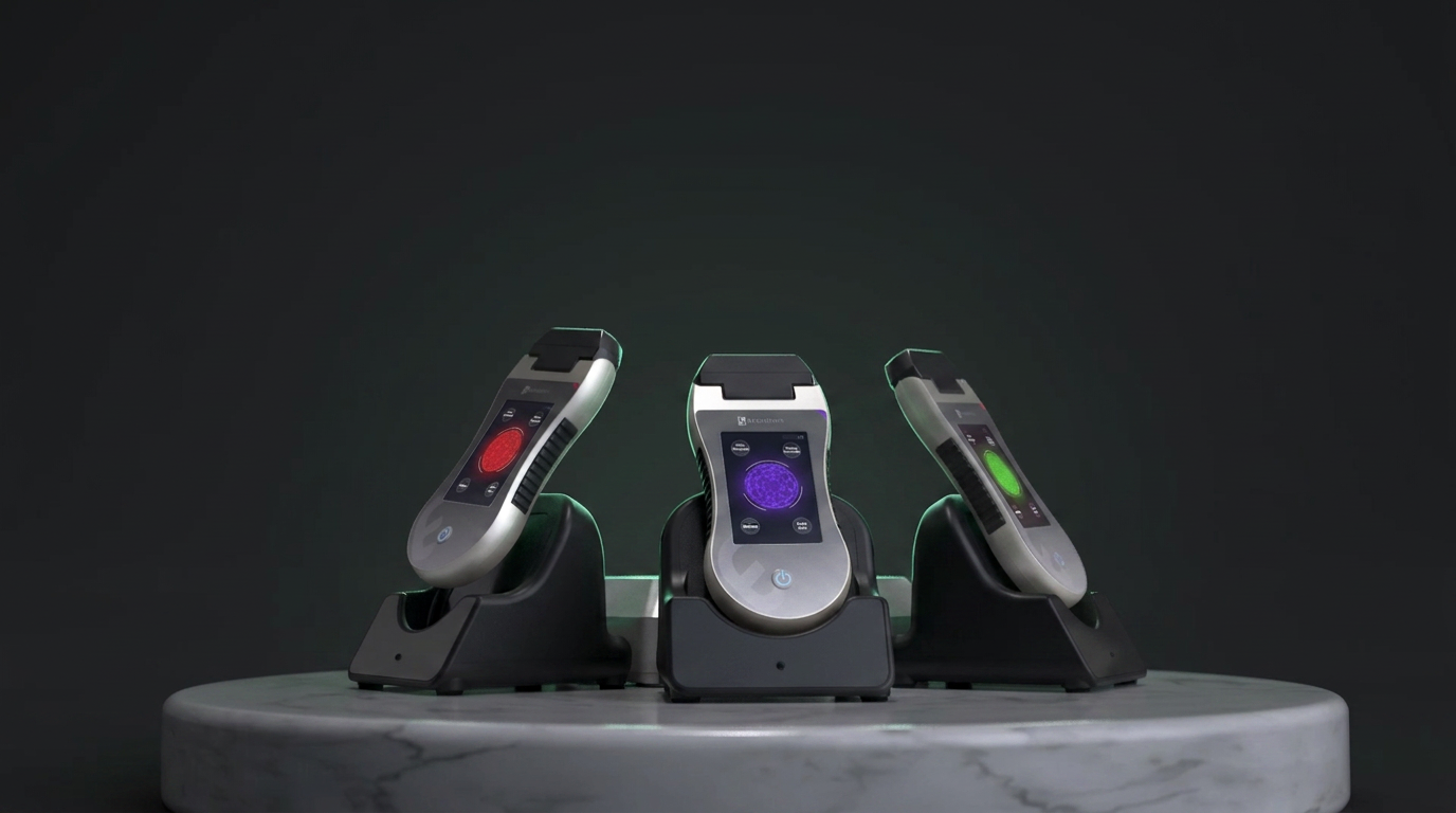Three Erchonia handheld laser devices in their charging docks